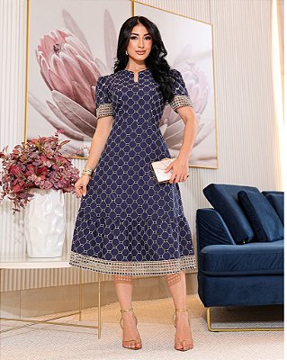 Vestido Bordado Geométrico Azul Noite Midi