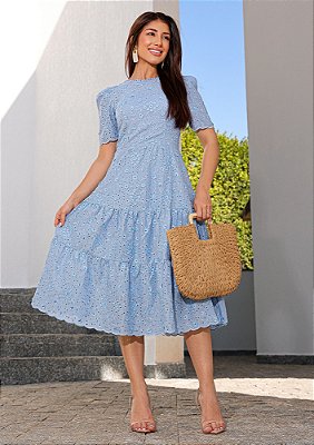 Vestido Princesa na laise Luxo Azul Caribe Midi
