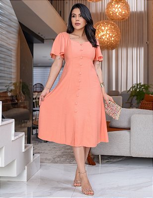 Vestido manga flare e fenda frontal Salmão