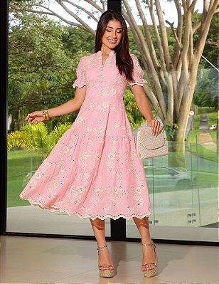 Vestido luxo laise Bicolor 3D gola padre Rosa baby