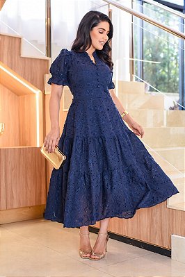 Vestido luxo laise 3D gola padre Azul Marinho
