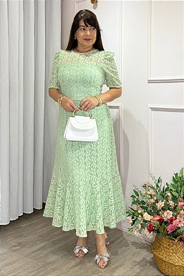 Vestido midi Renda e saia peplum verde menta