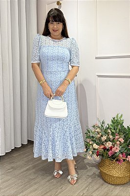 Vestido midi Renda e saia peplum azul bebe