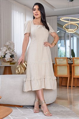 Vestido Midi decote quadrado e duplo babado Bege