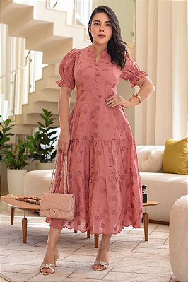 Vestido luxo laise 3D gola padre Rose