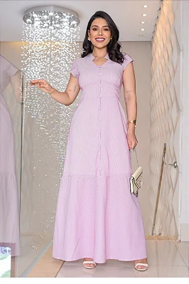 Vestido longo listrado com botoes Fucsia