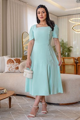 Vestido midi com lapela lateral e botes encapado Verde menta