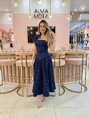 Vestido Midi Rendado Azul marinho com Maxi flor