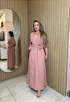 Vestido Tricoline Bordado Ragla Cinto Det. de Flor