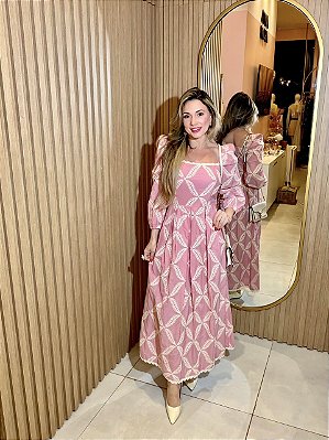 Vestido Mídi Bordado Bicolor de Renda