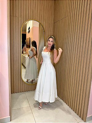 Vestido Mídi de Crepe Branco Aurora com Det. no busto