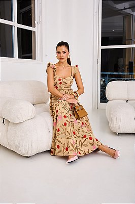 VESTIDO MIDI RODADO EM TELADO BORDADO FLORAIS