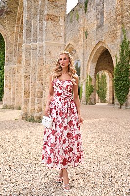 VESTIDO ROSALIA MIDI DE CAMBRAIA BORDADO OFF-WHITE E VERMELHO