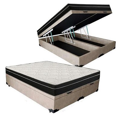 Conjunto Cama Box Baú KING Size 1.93x2.03 com Colchão de Molas Ensacadas e Espuma D33.