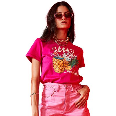 Camiseta Colcci Summer Drink AV23 Rosa Feminino