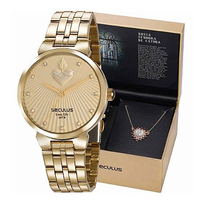 Relógio Seculus Feminino KIT Dourado 35007LPSKDS1K1