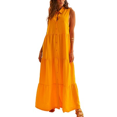 Vestido Linho Forum Evase Longo Laranja Feminino