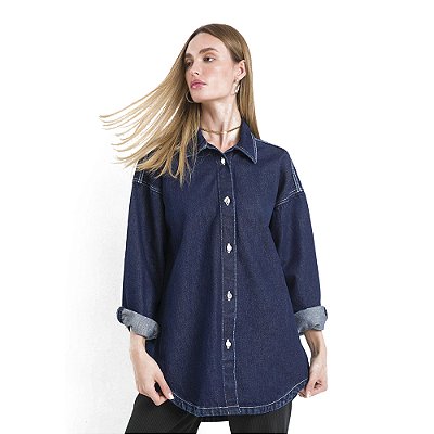 Camisa Jeans Myft Alongada Azul Feminino