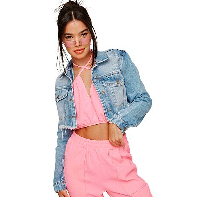 Jaqueta Cropped Jeans Myft Trucker V23 Azul Feminino
