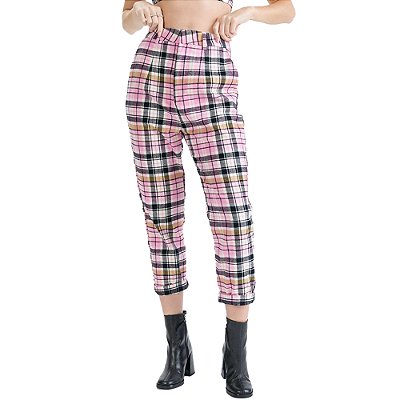 Calça Alfaiataria Myft Xadrez Rosa Feminino