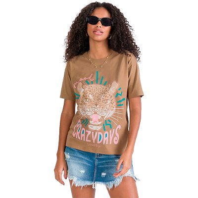 Camiseta Estampada Myft Alongada Marrom Feminino