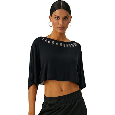 Camiseta Cropped Easy Lança Perfume Bordado Preto Feminino