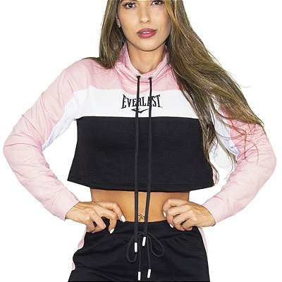 Moletom Everlast Cropped Vintage com Capuz Rosa e Preto Feminino