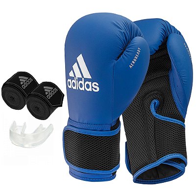 Kit de Boxe Adidas Luva Hybrid 25 + Bandagem + Bucal Azul