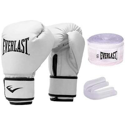 Conjuto de Boxe Everlast Core2 Training Branco Luva Bandagem e Bucal
