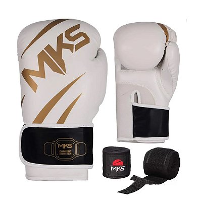 Kit de Boxe Luva + Bandagem MKS New Champion Branca e Dourada