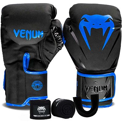 Kit Box Venum New Impact Evo Luva Bandagem e Bucal Azul
