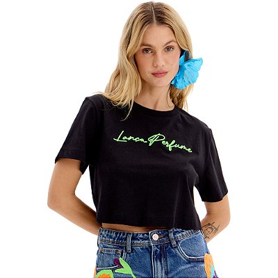 Camiseta Cropped Lança Perfume Ve25 Preto e Verde Feminino