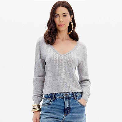 Blusa Tricot Lança Perfume Com Aplicação Ou25 Cinza Feminino