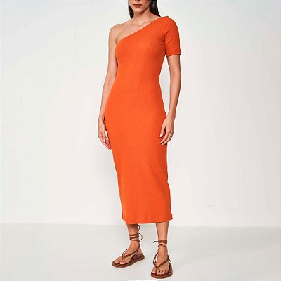 Vestido Midi Colcci Canelado Ombro Ou25 Laranja Feminino