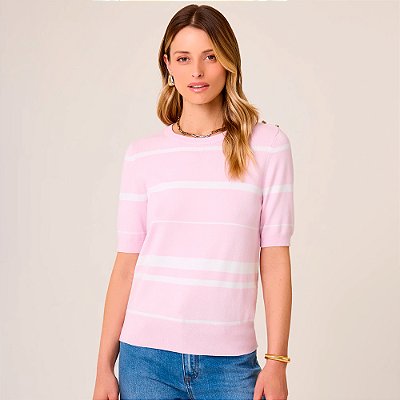 Camiseta Dudalina Listras Lina Pr26 Rosa Claro Feminino