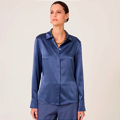 Camisa Dudalina Seda Lisa Ve26 Azul Feminino