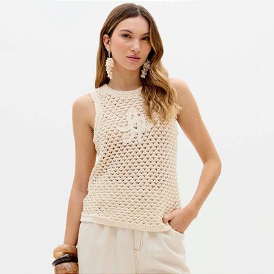 Regata Lança Perfume Trico Aplicação Ve26 Off White Feminino