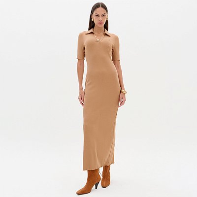 Vestido Canelado Lança Perfume Manga Ou26 Bege Feminino