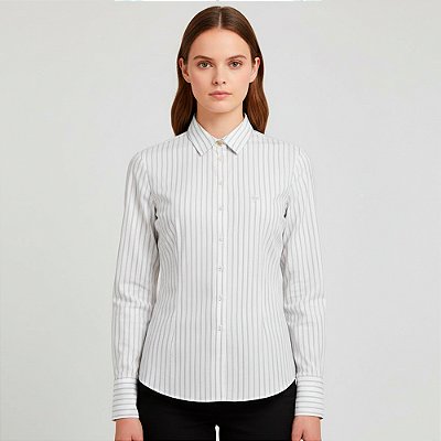 Camisa Dudalina Slim Fit Listrada Ou26 Branco Feminino