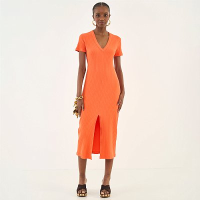 Vestido Midi Colcci Canelado Ou26 Laranja Feminino