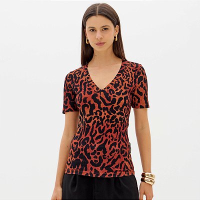 Blusa Lança Perfume Canelada Estampada Ou26 Laranja Feminino