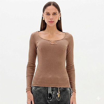 Blusa Lança Perfume Canelada Manga Longa Ou26 Bege Feminino