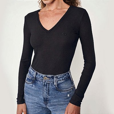 Blusa Canelada Colcci Gola V Ou26 Preto Feminino