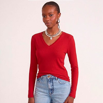 Blusa Canelada Colcci Gola V In26 Vermelho Feminino