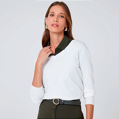 Suéter Tricot Dudalina Basic In26 Off White Feminino