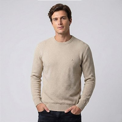 Suéter Tricot Dudalina Textura Favo Ou26 Bege Masculino