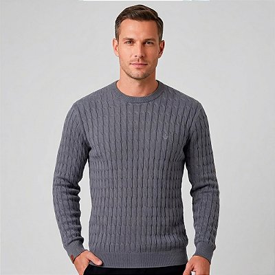 Suéter Tricot Dudalina Jacq Trançado In26 Cinza Masculino
