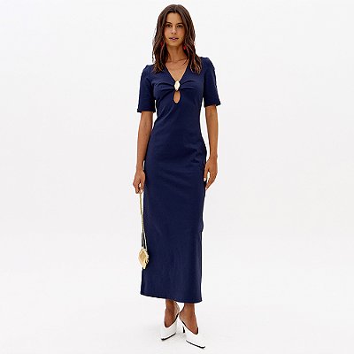Vestido Super Midi Lança Perfume Metal Pr27 Marinho Feminino