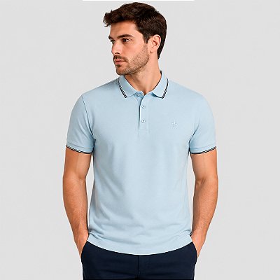 Camisa Polo Dudalina Frisos Ve27 Azul Claro Masculino