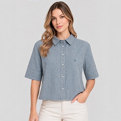 Camisa Jeans Dudalina Cropped Ve27 Azul Feminino